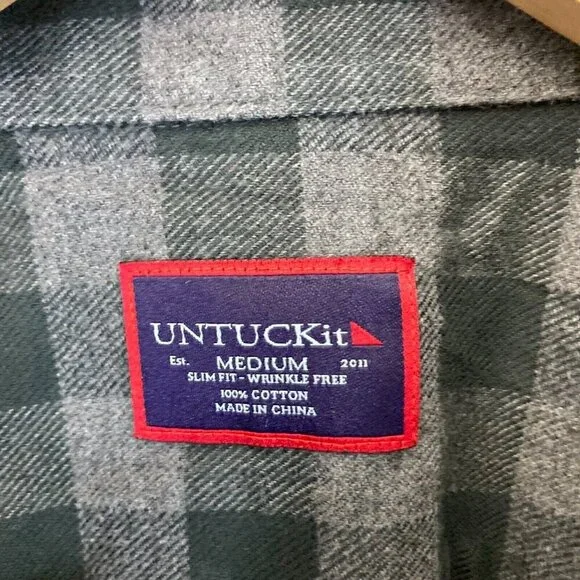 Untuckit Flannel Button Up Shirt Mens Medium Green Plaid Vigouroux Wrinkle Free - Picture 8 of 15
